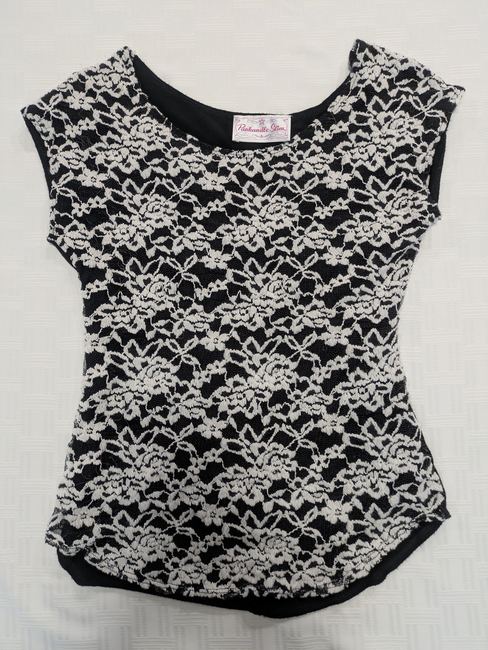 Panhandle Slim Black White Floral Lace Overlay Top Asymmetrical Hem Western Boho